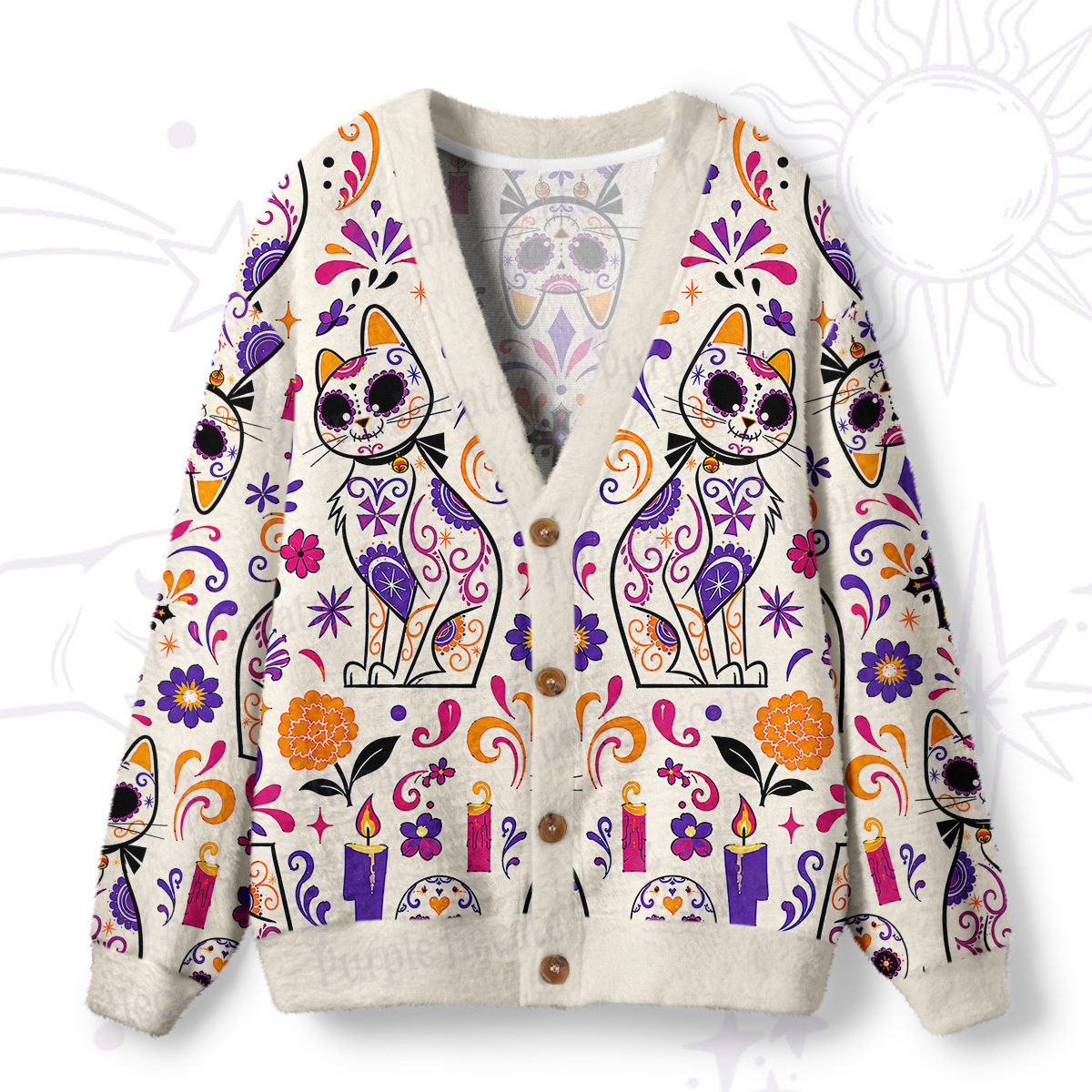 Purplehecate Day of the Dead Cat Ugly Cardigan Sweaters