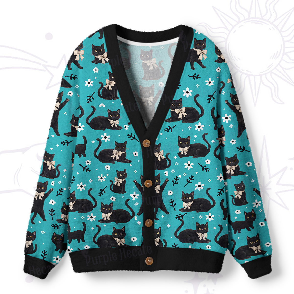 Purplehecate Lucky Black Cats Meadow Ugly Cardigan Sweaters