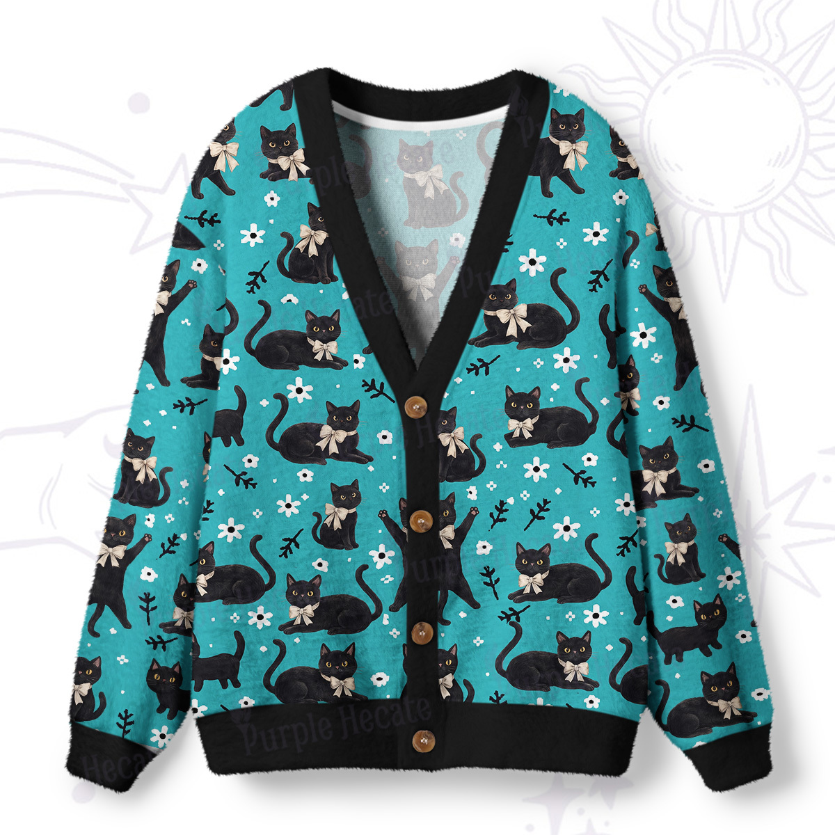 Purplehecate Lucky Black Cats Meadow Ugly Cardigan Sweaters