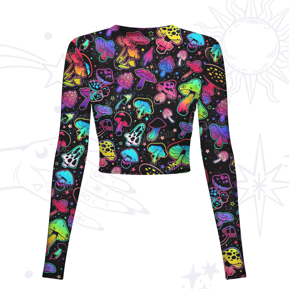 Purplehecate Psychedelic Mushroom Rave Mesh Long Sleeve Crop Top