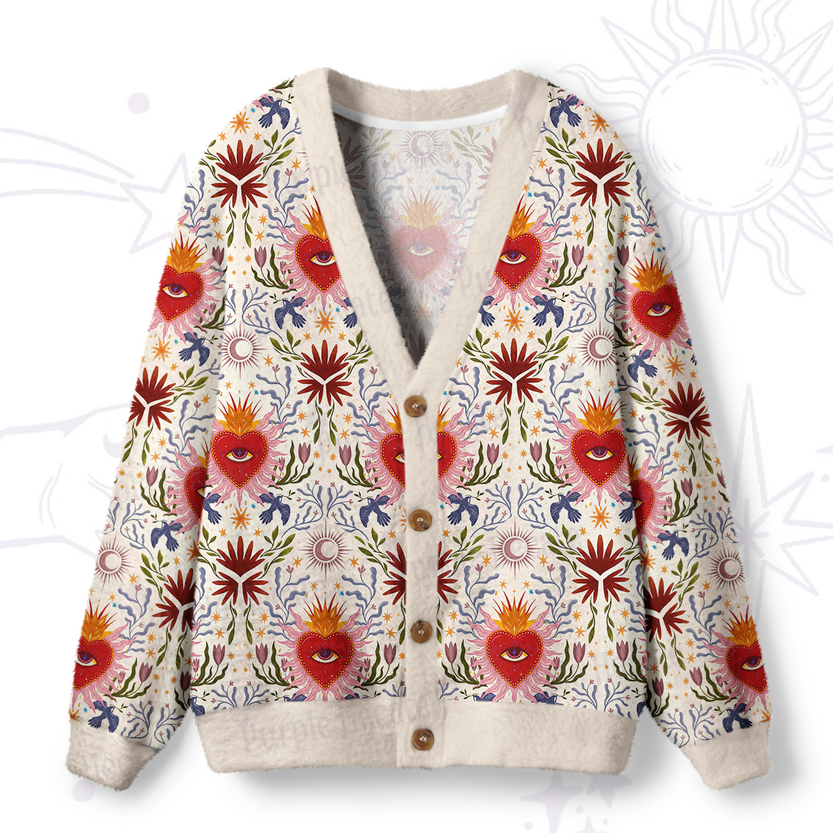 Purplehecate Sacred Flame Heart Ugly Cardigan Sweaters