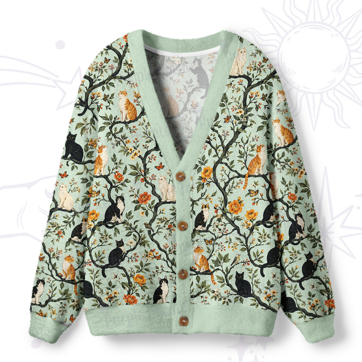 Purplehecate Enchanted Cat Grove Ugly Cardigan Sweaters