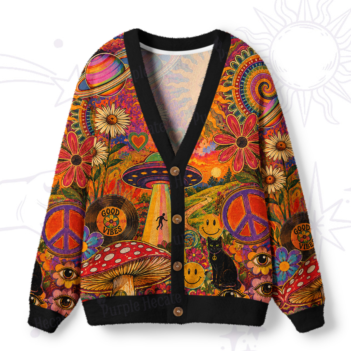 Purplehecate Psychedelic Good Vibes Mushroom Garden Ugly Cardigan Sweaters