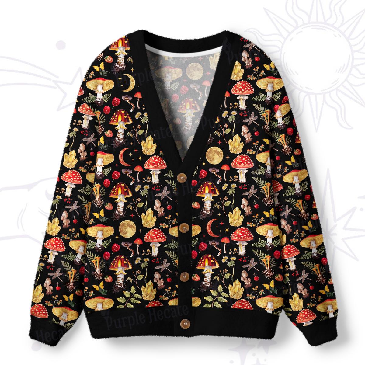 Purplehecate Creamy Woodland Mushrooms Ugly Cardigan Sweaters