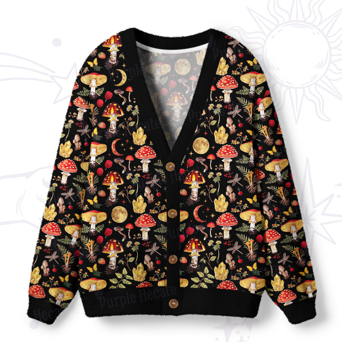 Purplehecate Creamy Woodland Mushrooms Ugly Cardigan Sweaters