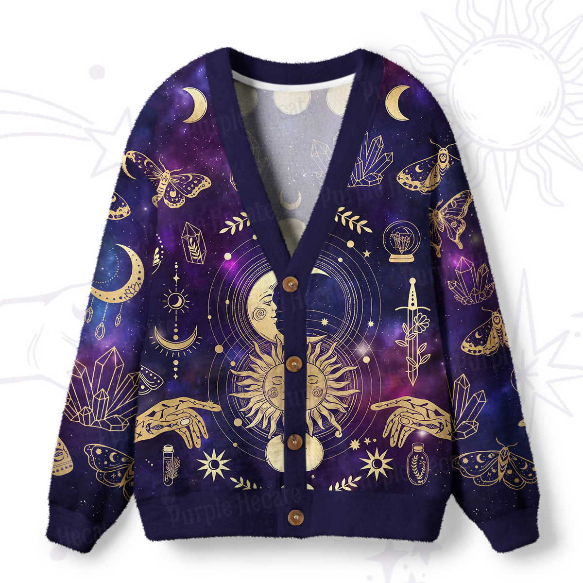 Purplehecate Celestial Sun & Moon Mystic Galaxy Ugly Cardigan Sweaters