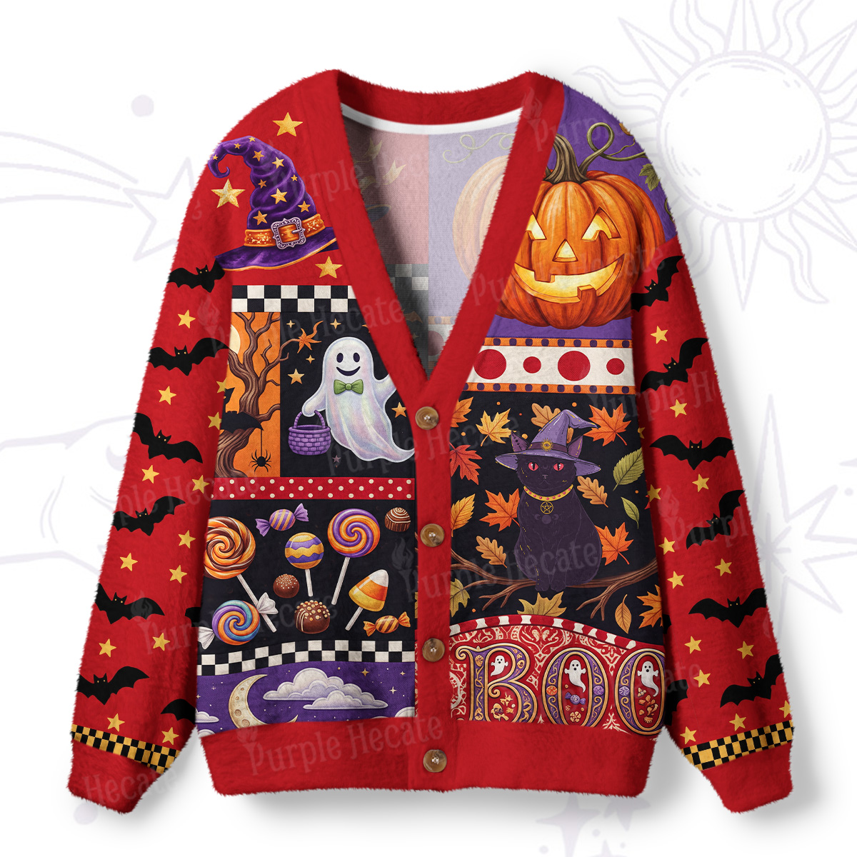 Purplehecate Patchwork Halloween Party Ugly Cardigan Sweaters