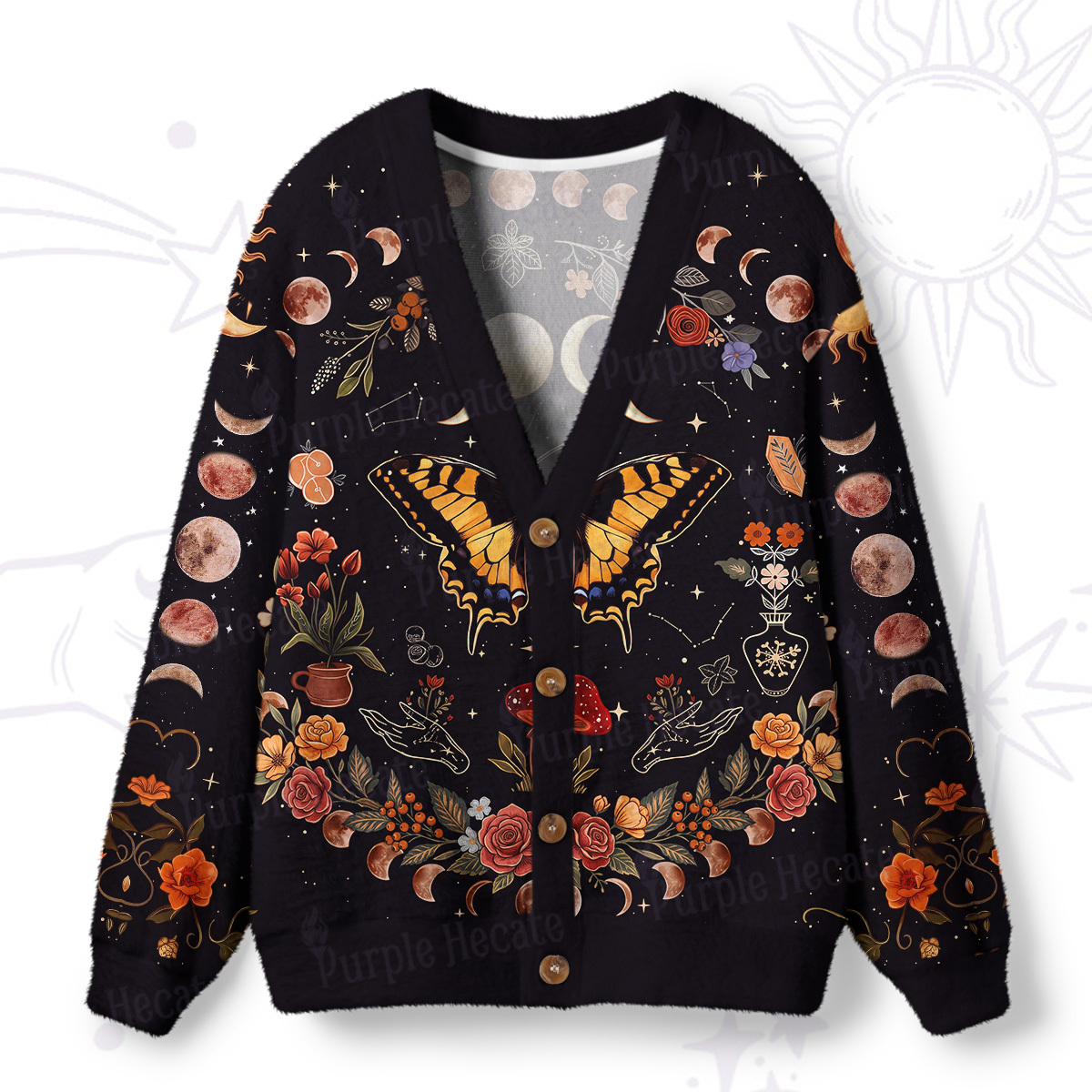 Purplehecate Lunar Phases & Moth Garden Ugly Cardigan Sweaters