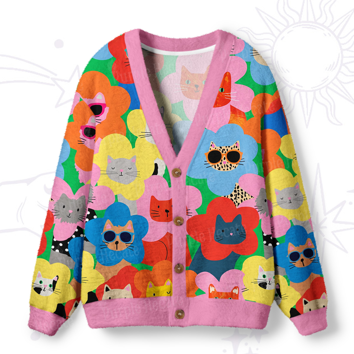 Purplehecate Rainbow Cat Faces Garden Ugly Cardigan Sweaters