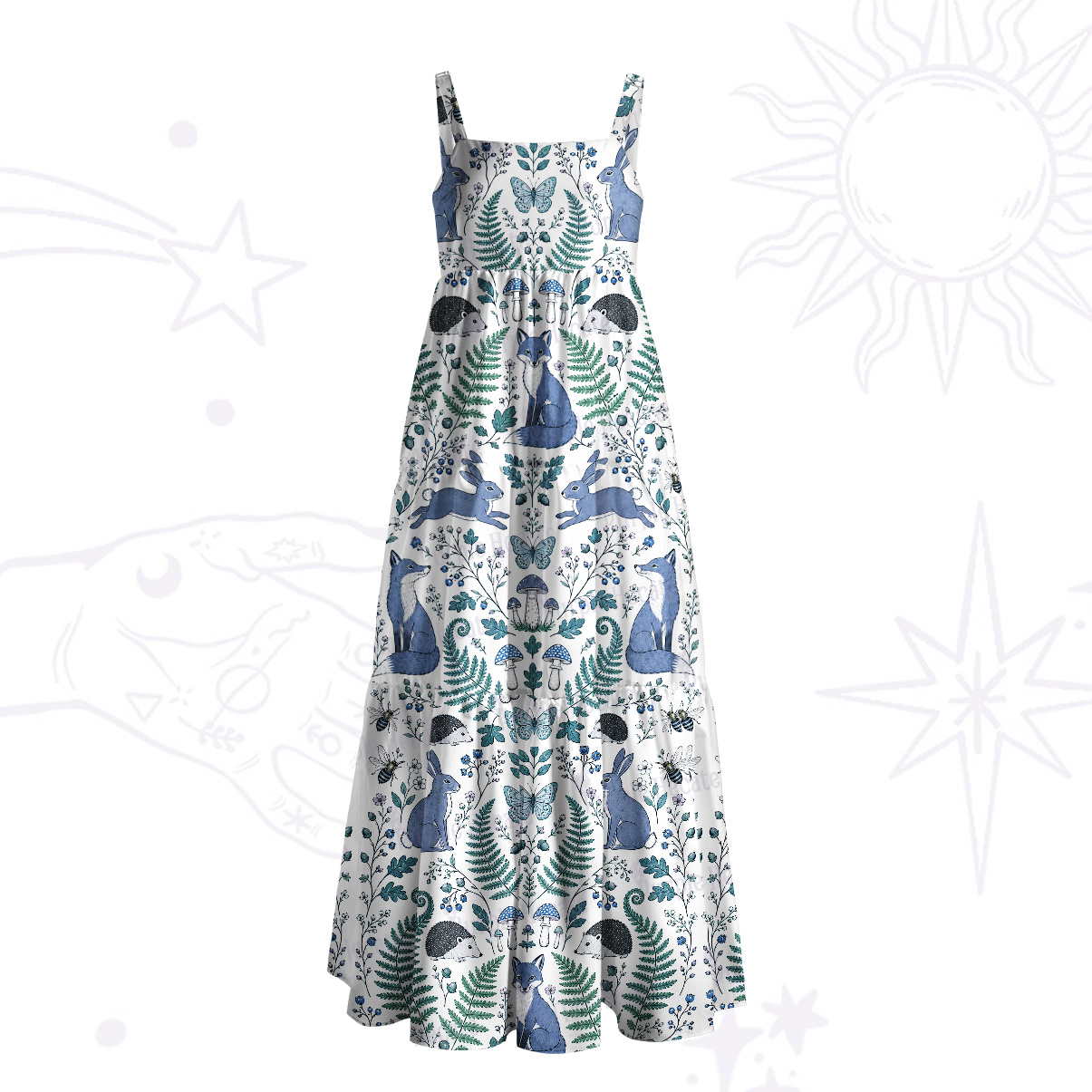 Purplehecate Enchanted Forest Fox and Bunny Wide Straps Maxi Dress