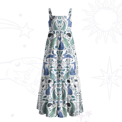 Purplehecate Enchanted Forest Fox and Bunny Wide Straps Maxi Dress