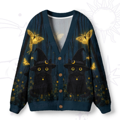 Purplehecate Witchy Black Cat Glow Moth Ugly Cardigan Sweaters