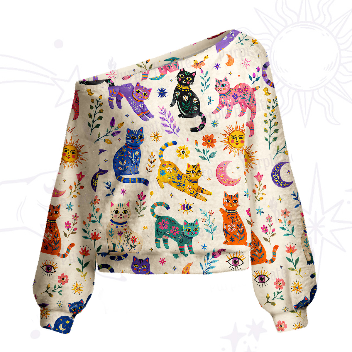 Purplehecate Rainbow Magic Cats One Shoulder Sweaters