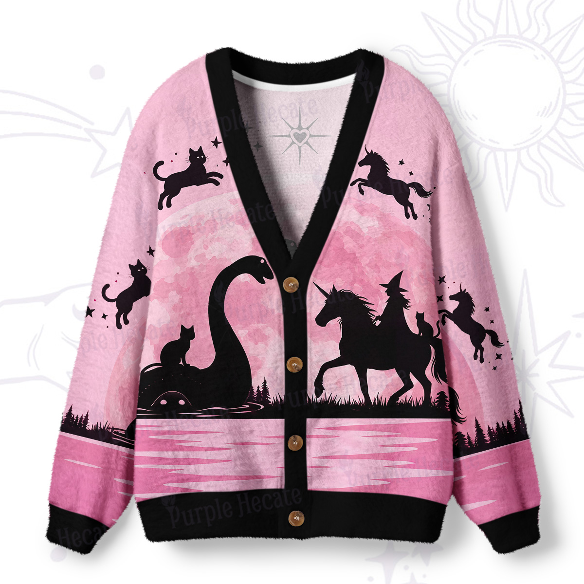 Purplehecate Moonlit Witch Nessie & Unicorn Ugly Cardigan Sweaters