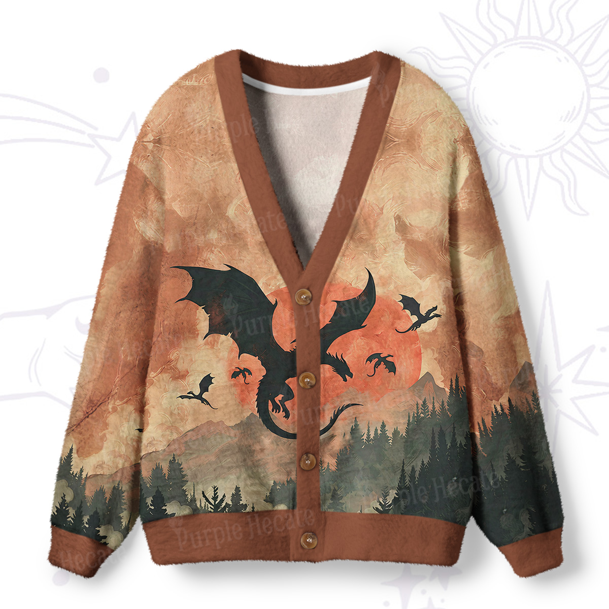 Purplehecate Mystic Sunset Forest Dragon Ugly Cardigan Sweaters
