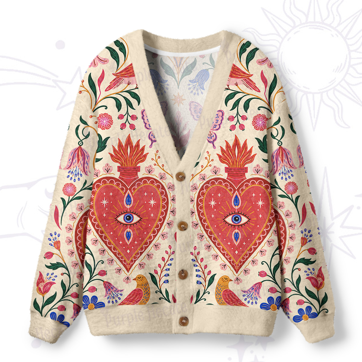Purplehecate Celestial Flaming Heart Floral Ugly Cardigan Sweaters
