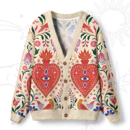 Purplehecate Celestial Flaming Heart Floral Ugly Cardigan Sweaters