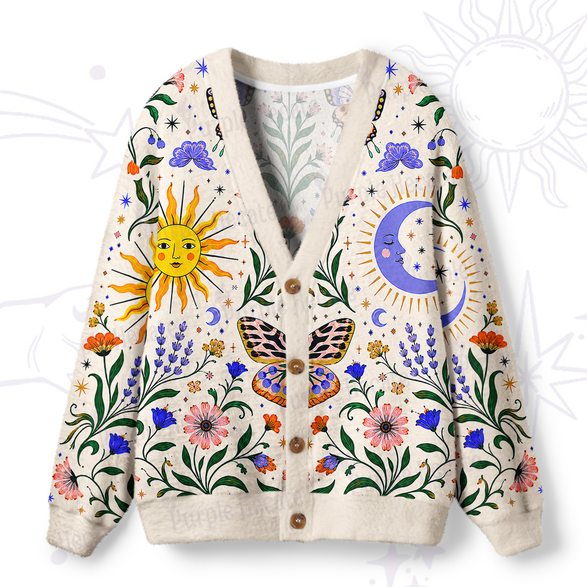 Purplehecate Sun & Moon Garden Butterfly Ugly Cardigan Sweaters