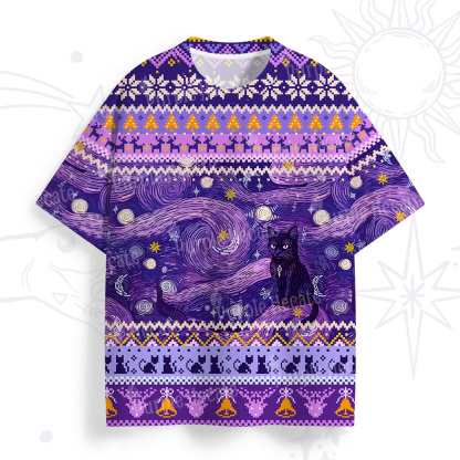 Purplehecate Mystic Cat Beneath the Cosmic Veil All Over Print T-Shirt