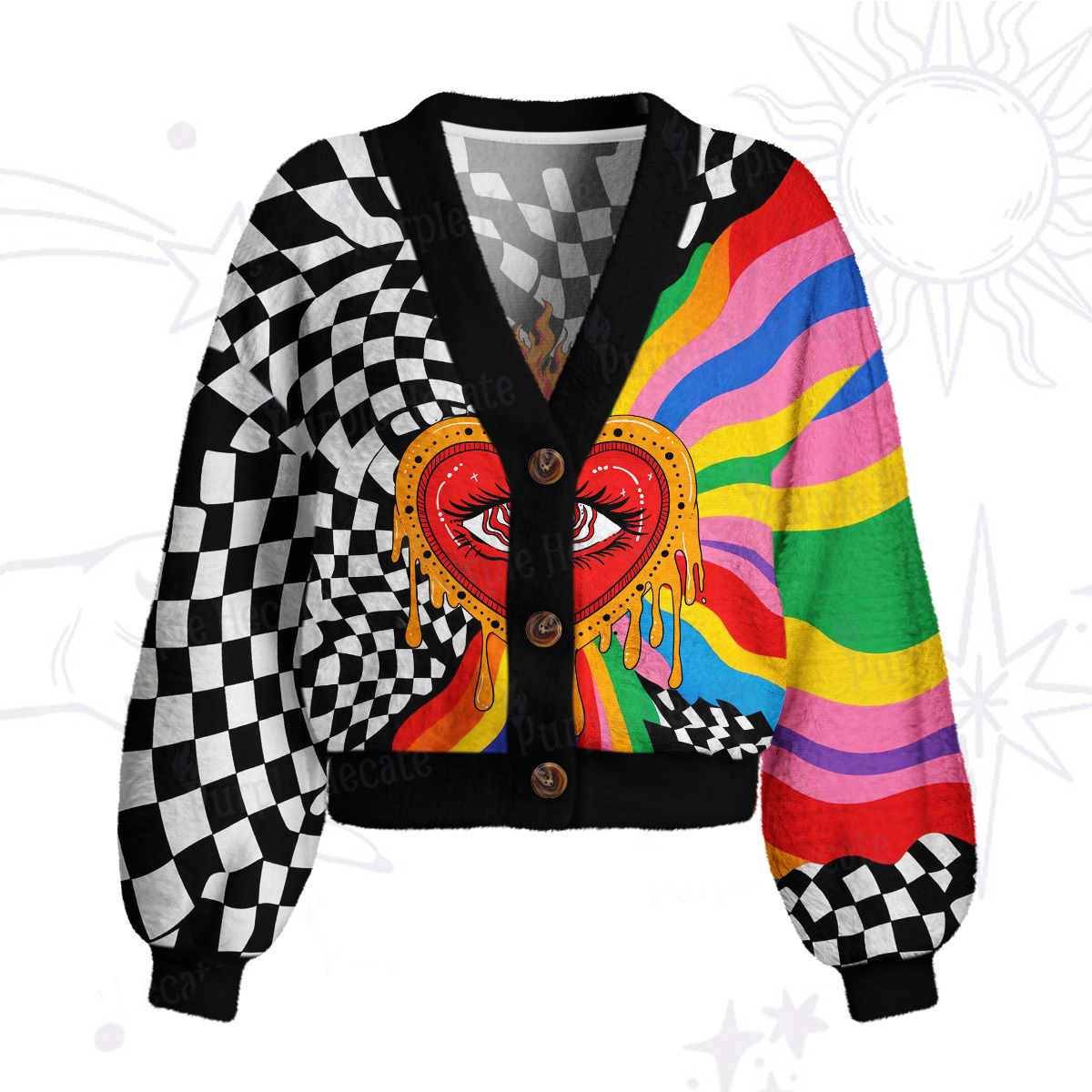 Purplehecate Trippy Rainbow Heart Eye Cardigan Sweaters