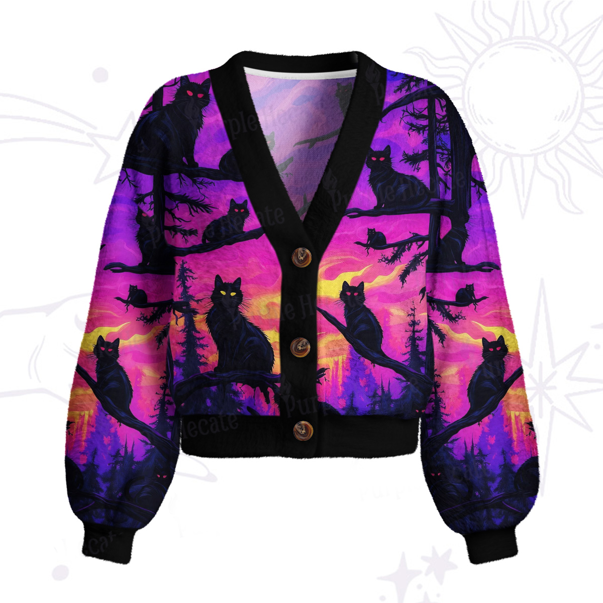 Purplehecate Twilight Forest Guardian Cat Cardigan Sweaters