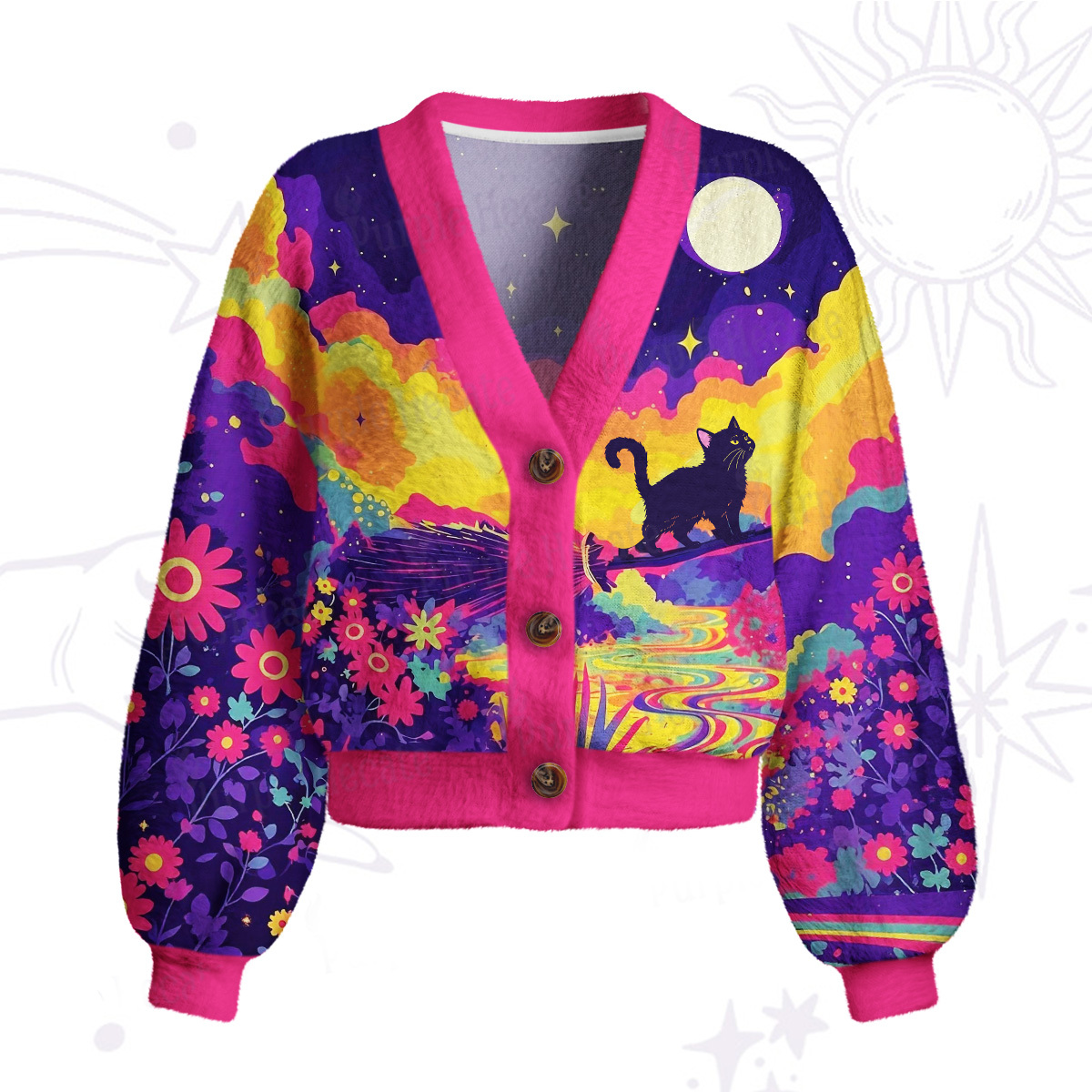 Purplehecate Midnight Cosmic Cat Fantasy Cardigan Sweaters