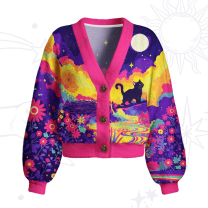 Purplehecate Midnight Cosmic Cat Fantasy Cardigan Sweaters