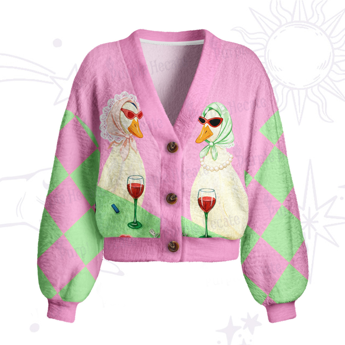 Purplehecate Tipsy Goose Wine Party Cardigan Sweaters