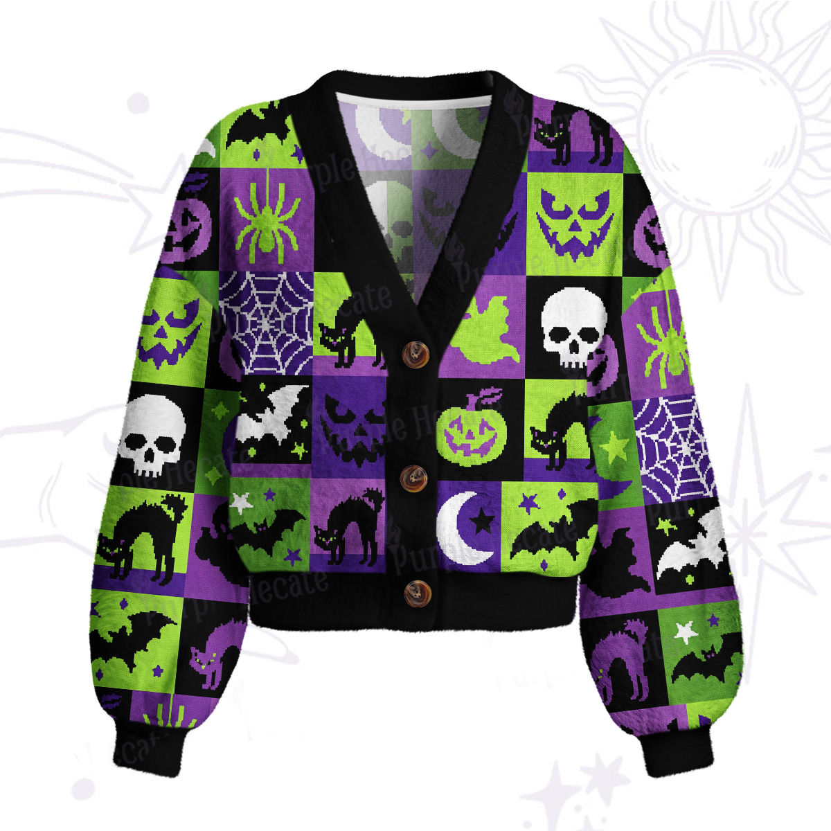 Purplehecate Spooky Patchwork Halloween Cardigan Sweaters