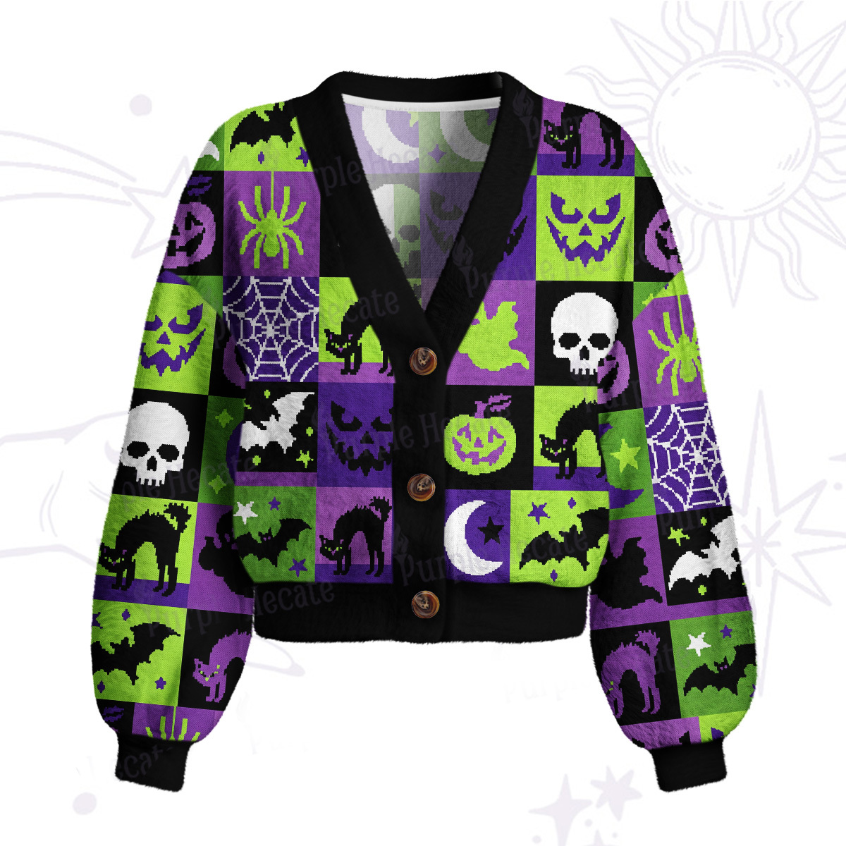 Purplehecate Spooky Patchwork Halloween Cardigan Sweaters