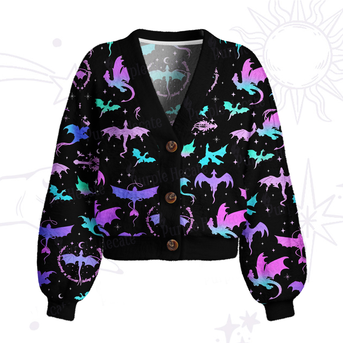 Purplehecate Neon Fantasy Dragon Allover Cardigan Sweaters