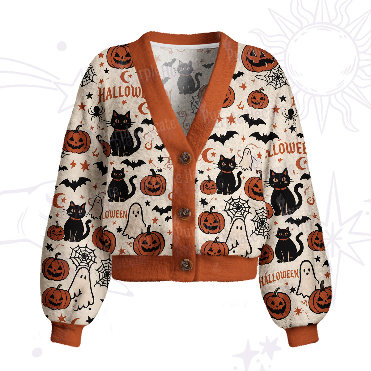 Purplehecate Halloween Ghost Black Cat Cardigan Sweaters