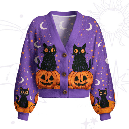 Purplehecate Halloween Black Cat Pumpkin Cardigan Sweaters