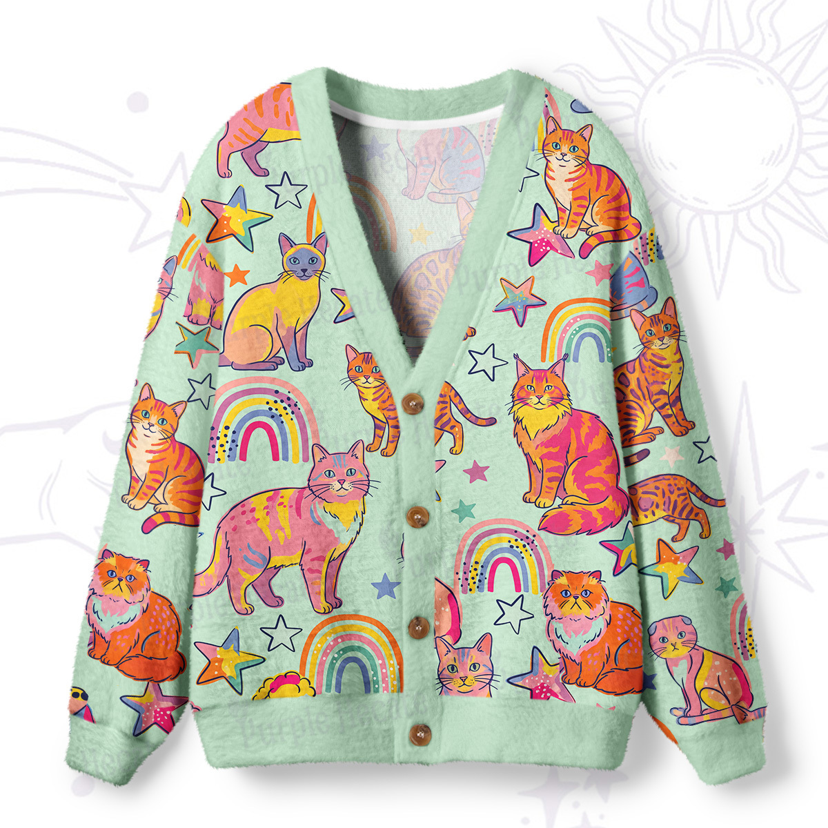 Purplehecate Starry Rainbow Kitty Parade Ugly Cardigan Sweaters