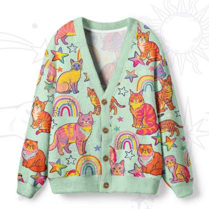 Purplehecate Starry Rainbow Kitty Parade Ugly Cardigan Sweaters