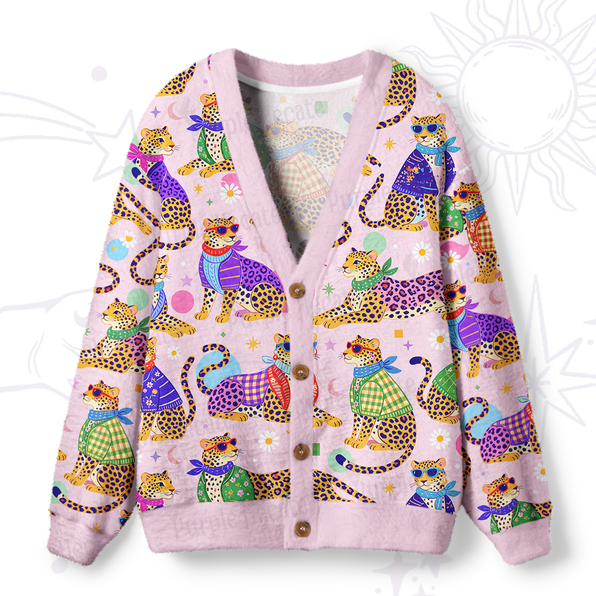 Purplehecate Groovy Jungle Rainbow Leopards Ugly Cardigan Sweaters