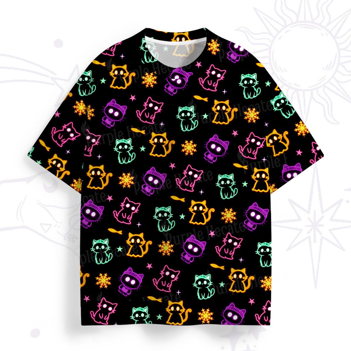 Purplehecate Neon Cat Party All Over Print T-Shirt