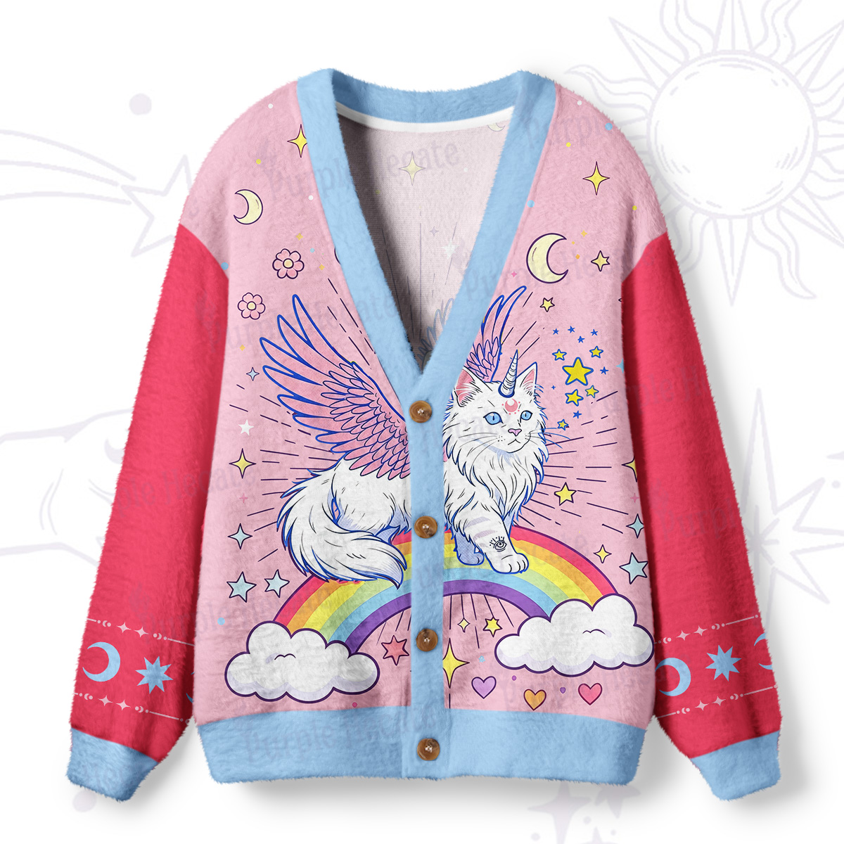 Purplehecate Fluffin Meowgical Ugly Cardigan Sweaters
