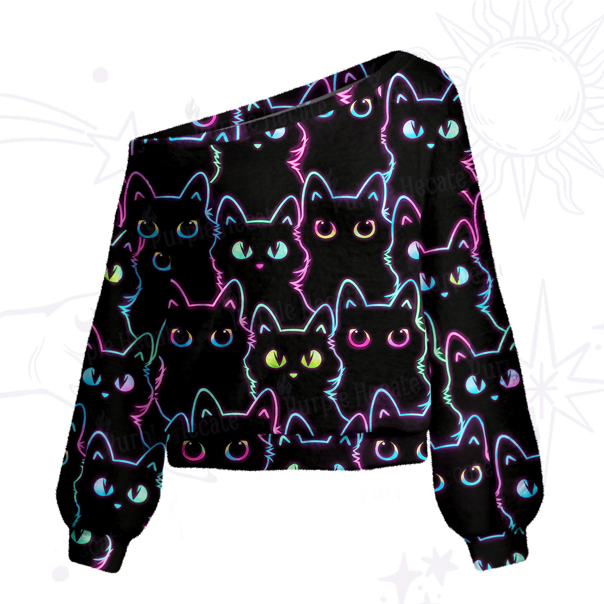 Purplehecate Neon Glow Stacked Cats One Shoulder Sweaters
