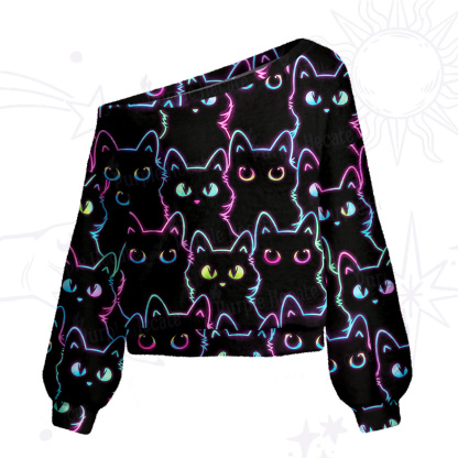 Purplehecate Neon Glow Stacked Cats One Shoulder Sweaters