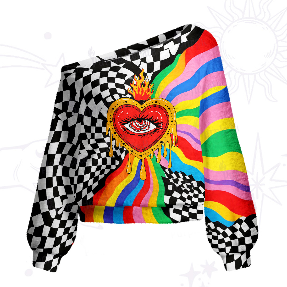 Purplehecate Trippy Rainbow Heart Eye One Shoulder Sweaters