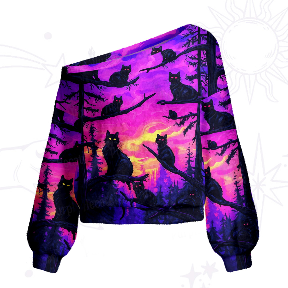 Purplehecate Midnight Cosmic Cat Fantasy One Shoulder Sweaters