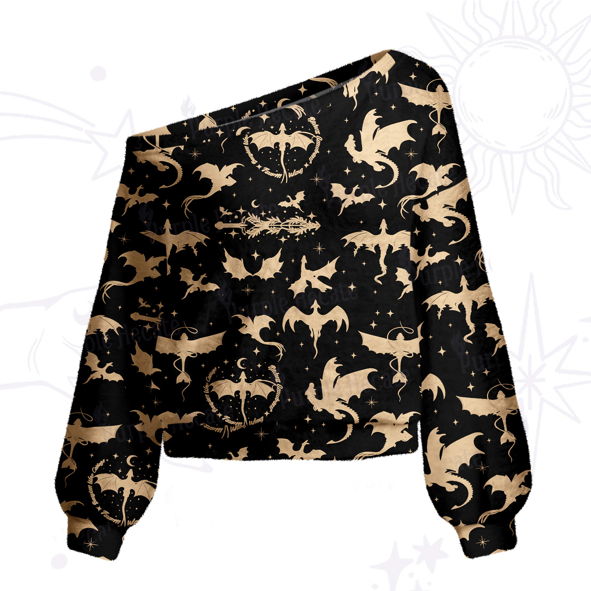 Purplehecate Fantasy Dragon Allover One Shoulder Sweaters