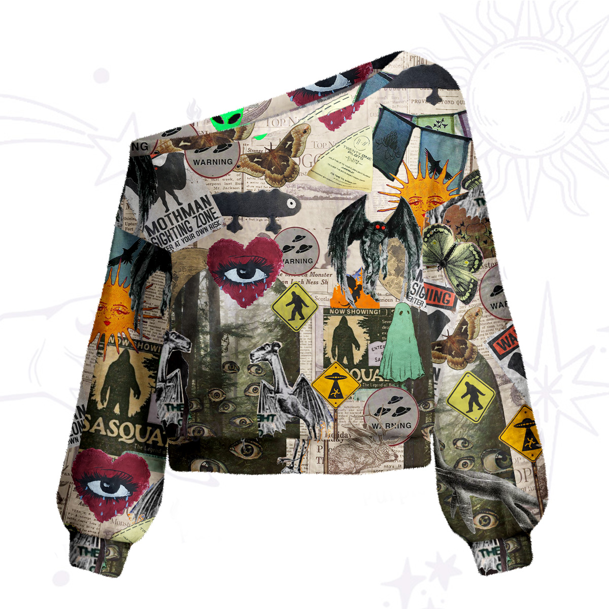 Purplehecate Cryptid Warning Collage One Shoulder Sweaters