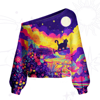 Purplehecate Midnight Cosmic Cat Fantasy One Shoulder Sweaters
