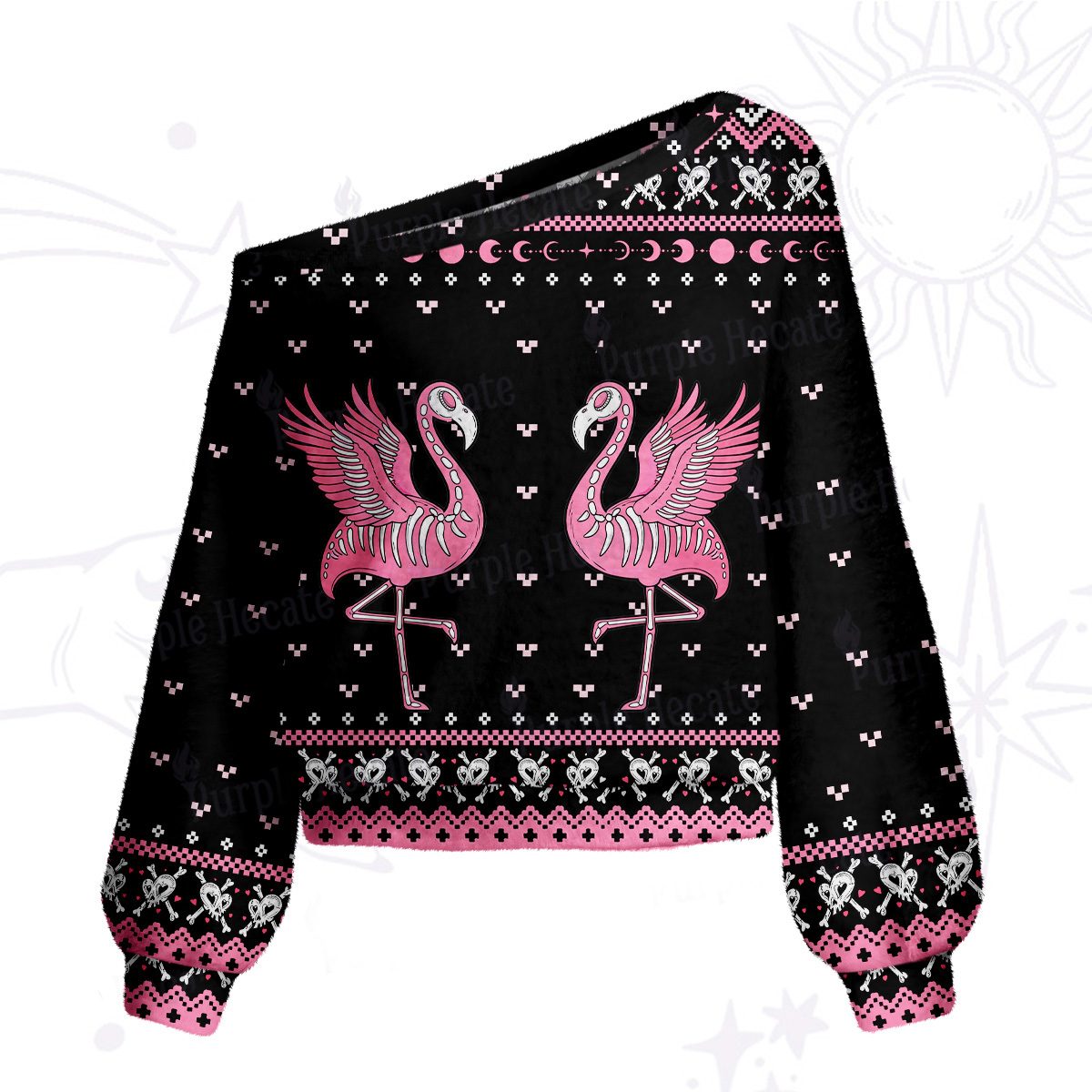Purplehecate Witchy Pink Flamingo Skull One Shoulder Sweaters