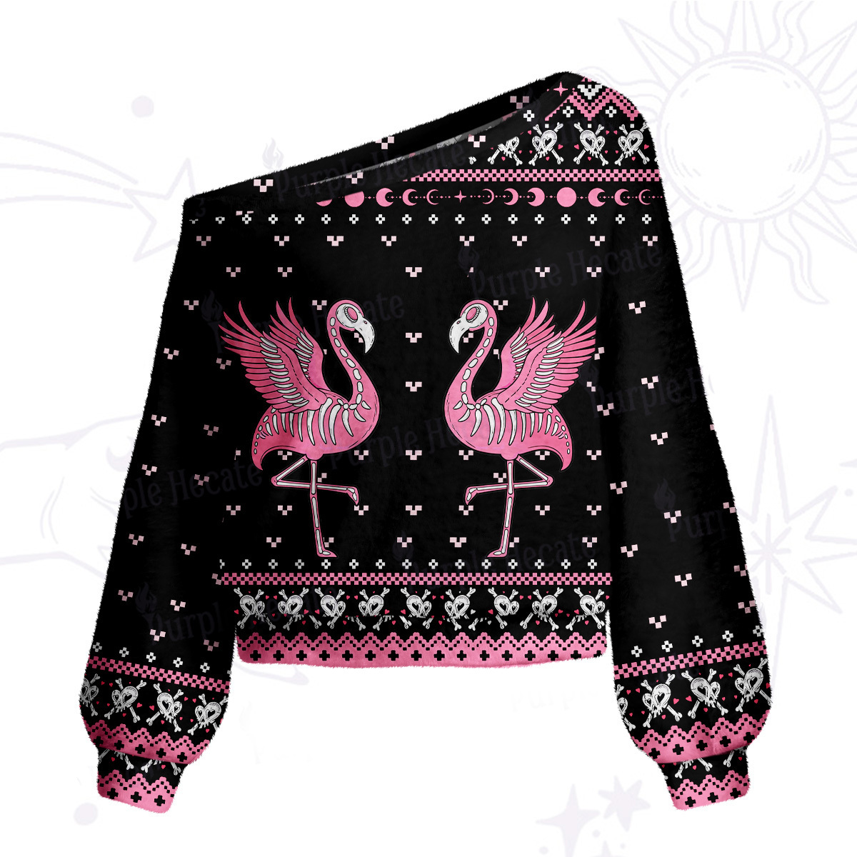 Purplehecate Witchy Pink Flamingo Skull One Shoulder Sweaters