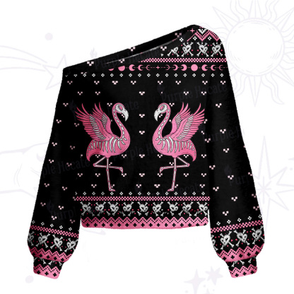 Purplehecate Witchy Pink Flamingo Skull One Shoulder Sweaters