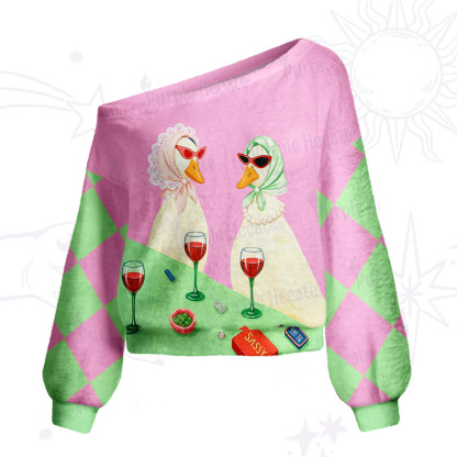 Purplehecate Tipsy Goose Wine Party One Shoulder Sweaters
