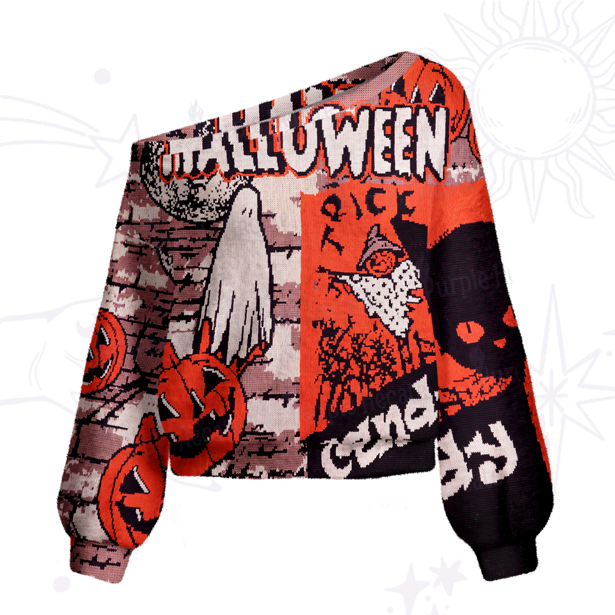 Purplehecate Pumpkin Orange Ghost One Shoulder Sweaters